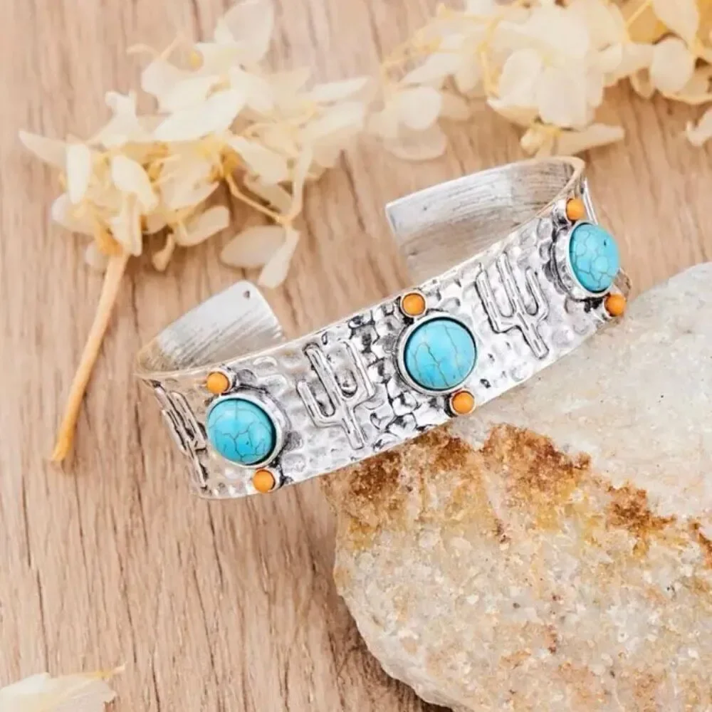 Desert Cactus Silver Bracelet Womens Casual Western Cuff New